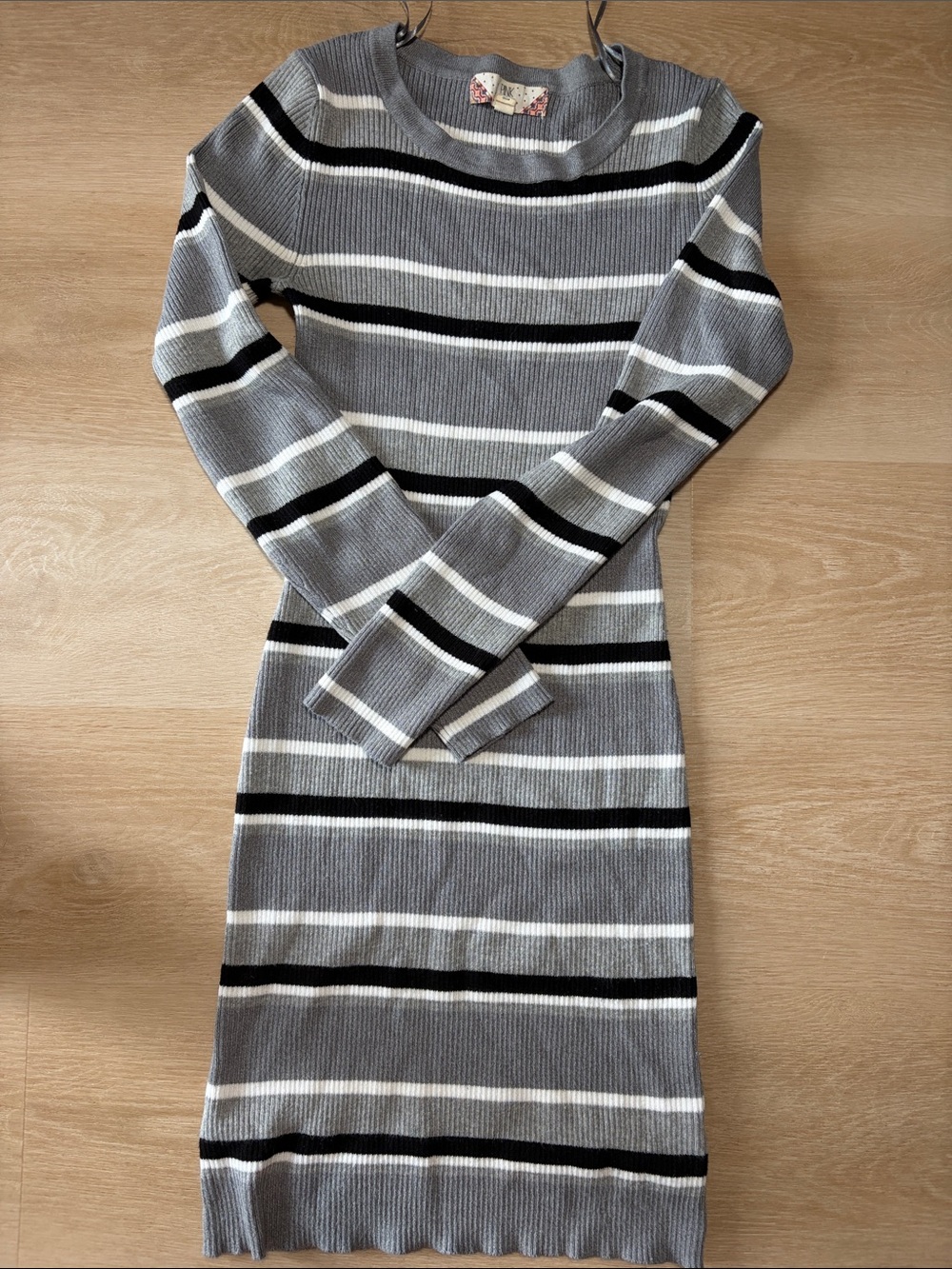 Pink Rose Gray, White & Black Striped Long Sleeve Sweater Dress